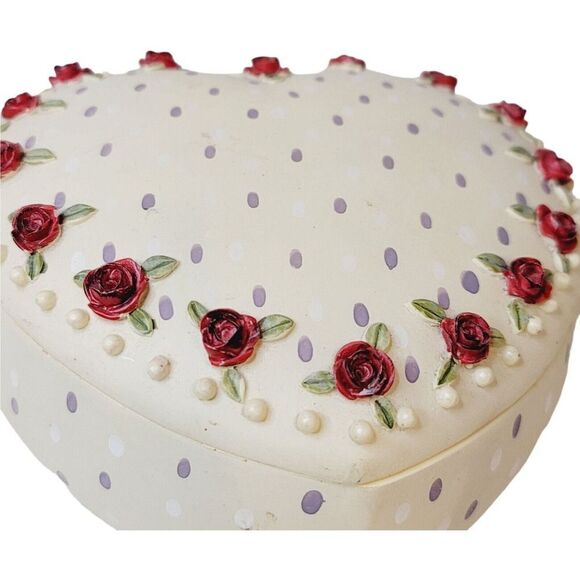 Vintage Large Heart Shaped Lidded Trinket Box With 3D Flowers Hand Painted - Picture 6 of 14